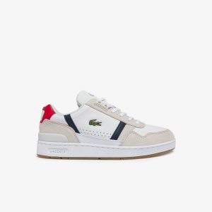 Wht/Nvy/Red Lacoste T-Clip Tricolor Leather and Suede Sneakers | JEFAHW-217