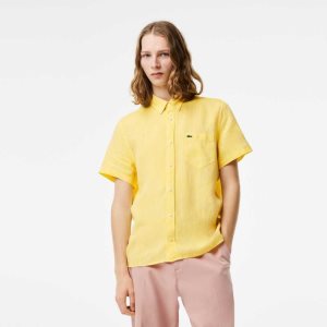 Yellow Lacoste Short Sleeve Linen Shirt | DEAYOK-109