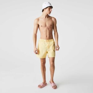 Yellow Lacoste Signature Print Light Swimming Trunks | EBFQHM-635