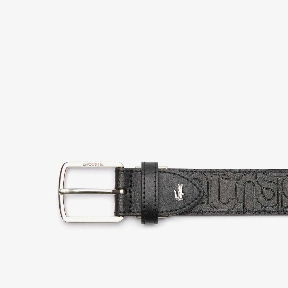 Allover Embossed Noir Lacoste Embossed Leather Tongue Buckle | FNPEMQ-389