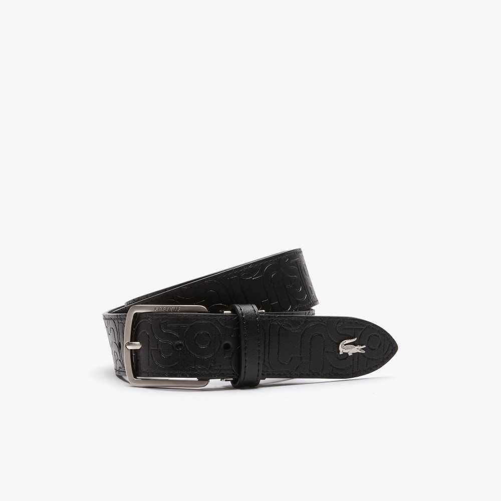 Allover Embossed Noir Lacoste Embossed Leather Tongue Buckle | FNPEMQ-389