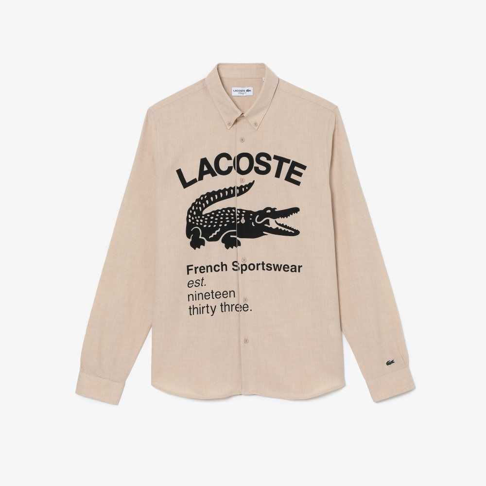 Beige / Black Lacoste Regular Fit Branded Flannel Shirt | GXQSIJ-320