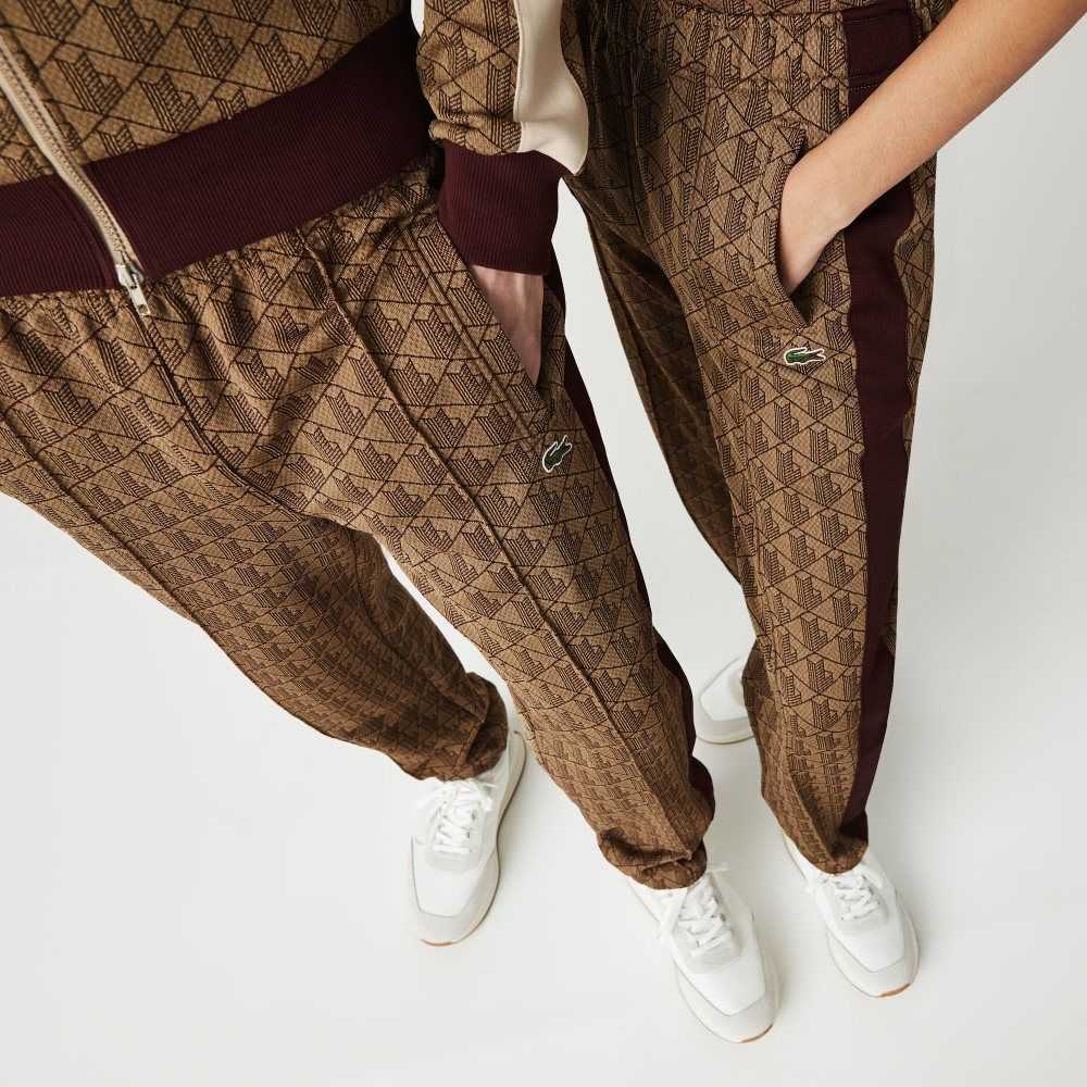 Beige / Bordeaux Lacoste LIVE Monogram Jacquard Tracksuit Pants | RMNGIP-153