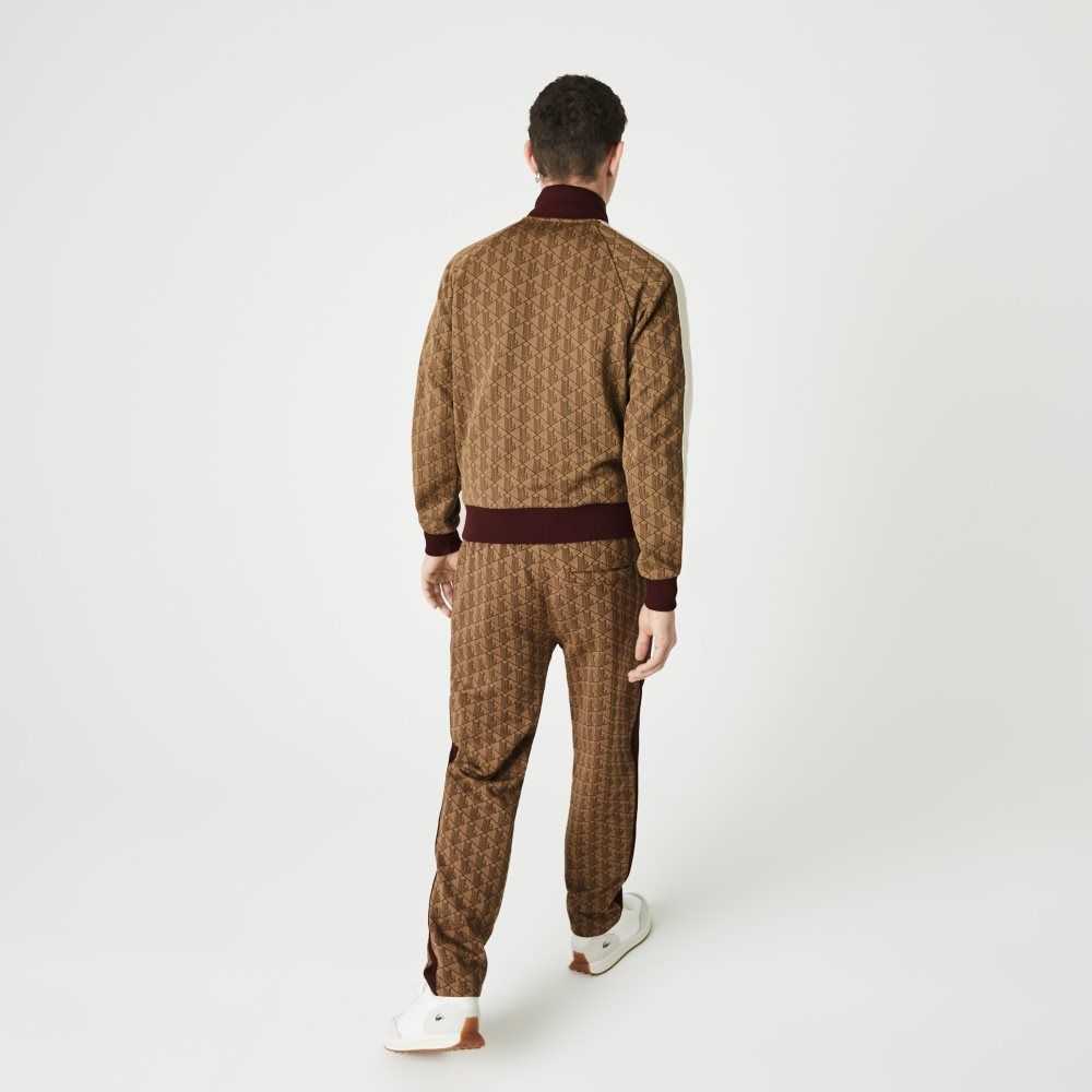 Beige / Bordeaux Lacoste LIVE Monogram Jacquard Tracksuit Pants | RMNGIP-153