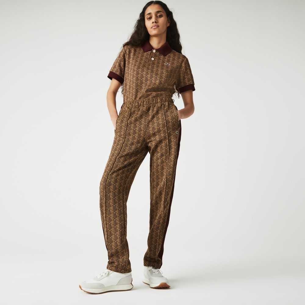 Beige / Bordeaux Lacoste LIVE Monogram Jacquard Tracksuit Pants | RMNGIP-153