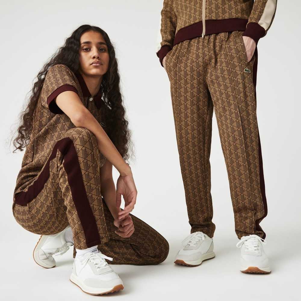 Beige / Bordeaux Lacoste LIVE Monogram Jacquard Tracksuit Pants | RMNGIP-153