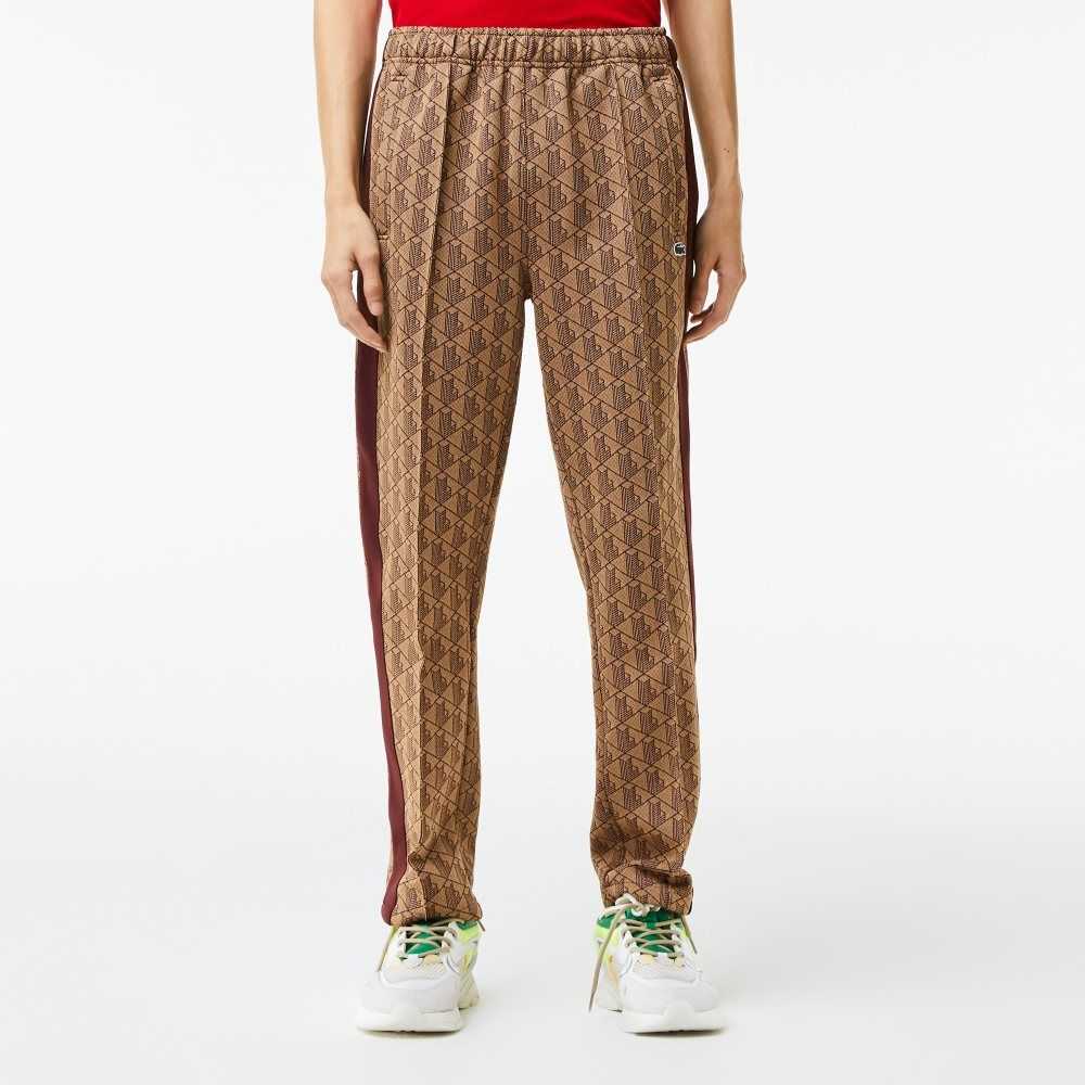 Beige / Bordeaux Lacoste Monogram Print Trackpants | YIUKHS-825