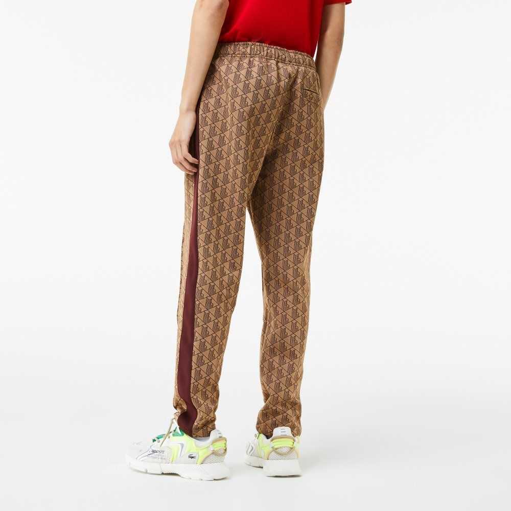 Beige / Bordeaux Lacoste Monogram Print Trackpants | YIUKHS-825