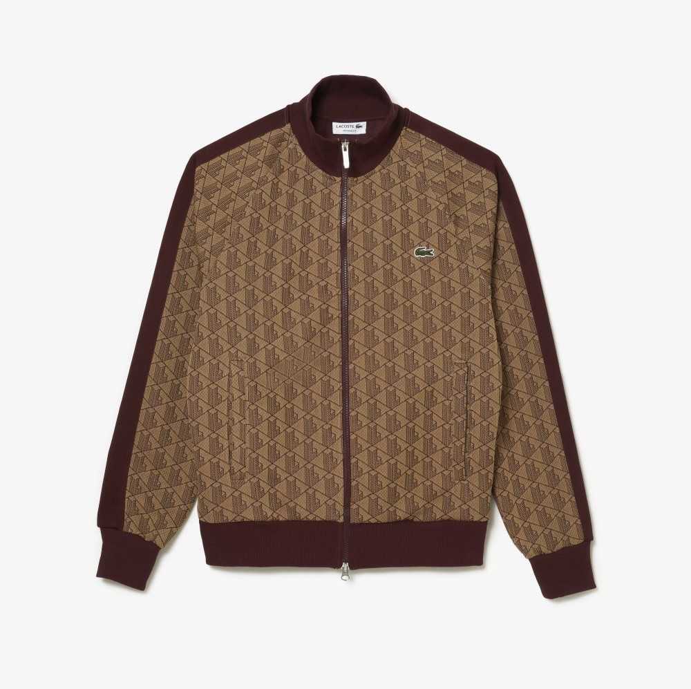 Beige / Bordeaux Lacoste Regular Fit Monogram Print Zip Sweatshirt | NAWSVP-823