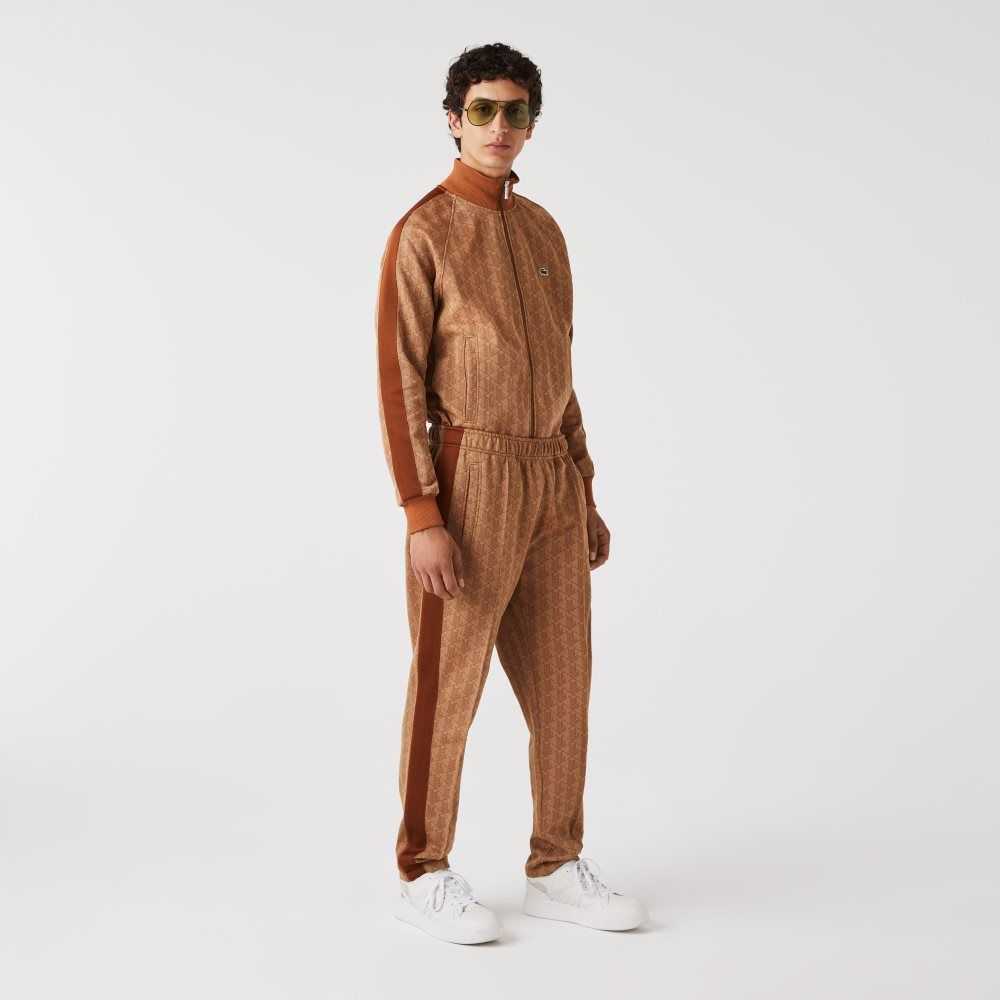 Beige / Brown Lacoste Monogram Print Trackpants | IZUMXK-136