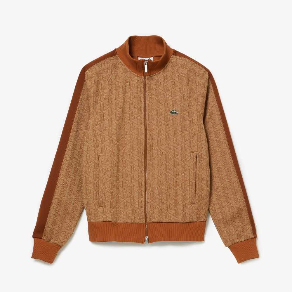 Beige / Brown Lacoste Regular Fit Monogram Print Zip Sweatshirt | KJMGOU-607