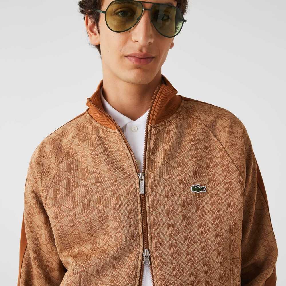 Beige / Brown Lacoste Regular Fit Monogram Print Zip Sweatshirt | KJMGOU-607