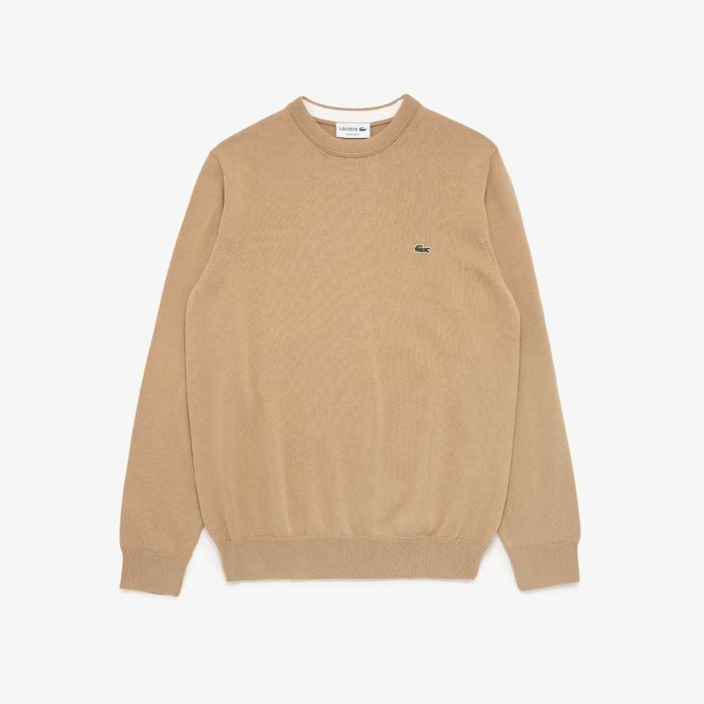 Beige Lacoste Crew Neck Cotton Sweater | KYNWQR-013