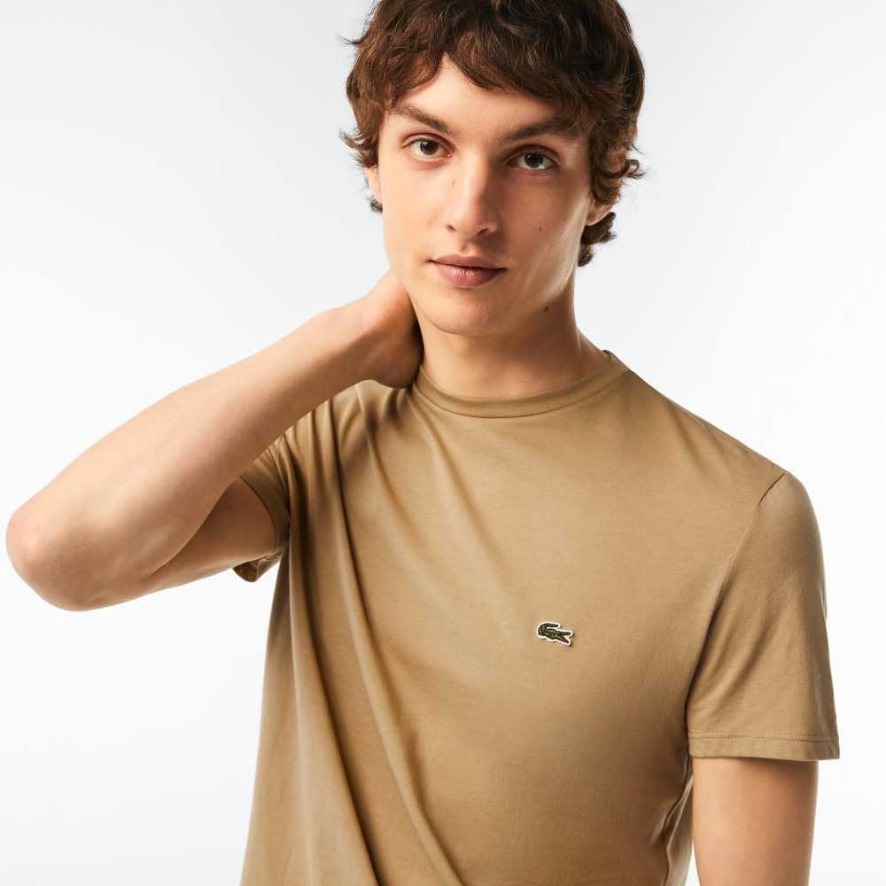 Beige Lacoste Crew Neck Pima Cotton Jersey T-Shirt | CFBSIP-143