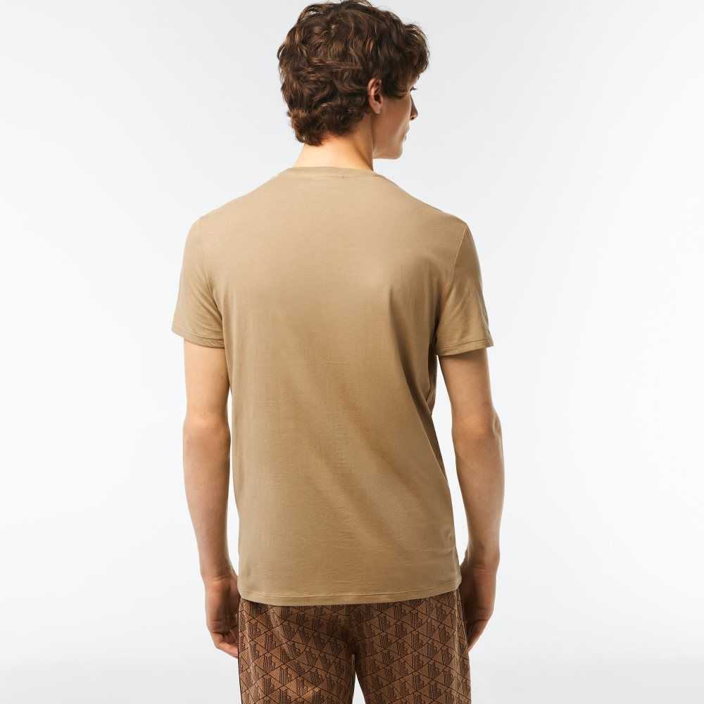 Beige Lacoste Crew Neck Pima Cotton Jersey T-Shirt | CFBSIP-143