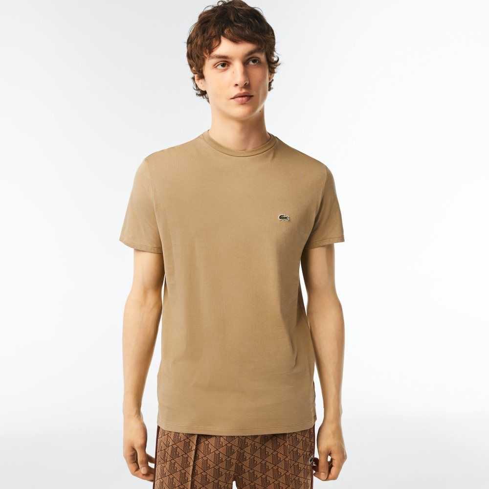 Beige Lacoste Crew Neck Pima Cotton Jersey T-Shirt | CFBSIP-143