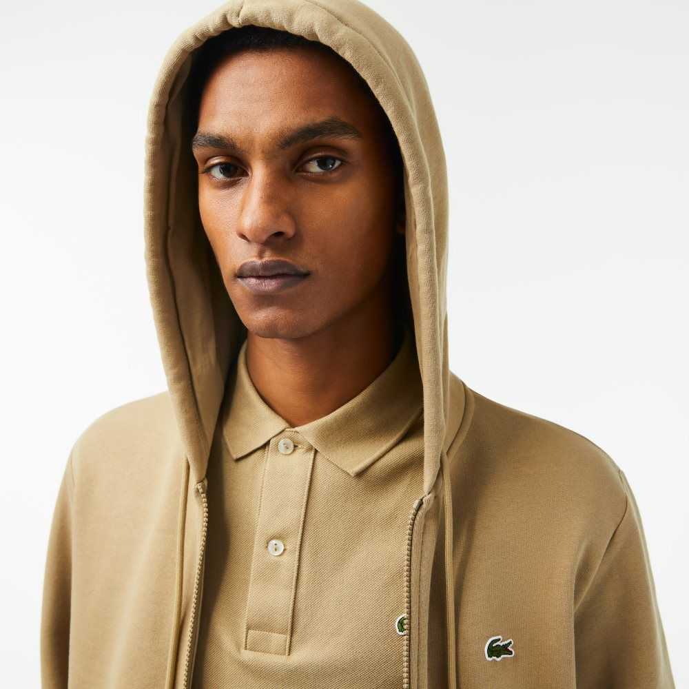 Beige Lacoste Kangaroo Pocket Fleece Zipped Sweatshirt | MLEUSR-680