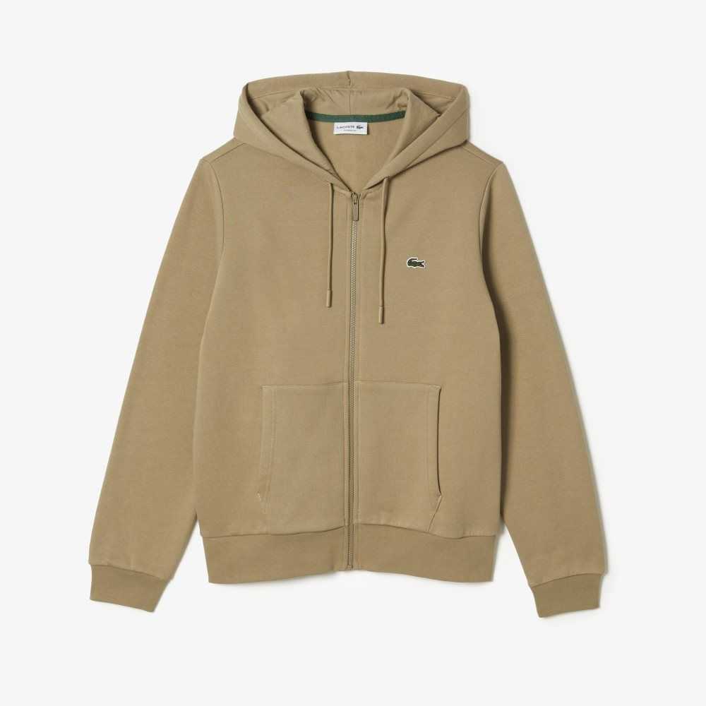 Beige Lacoste Kangaroo Pocket Fleece Zipped Sweatshirt | MLEUSR-680