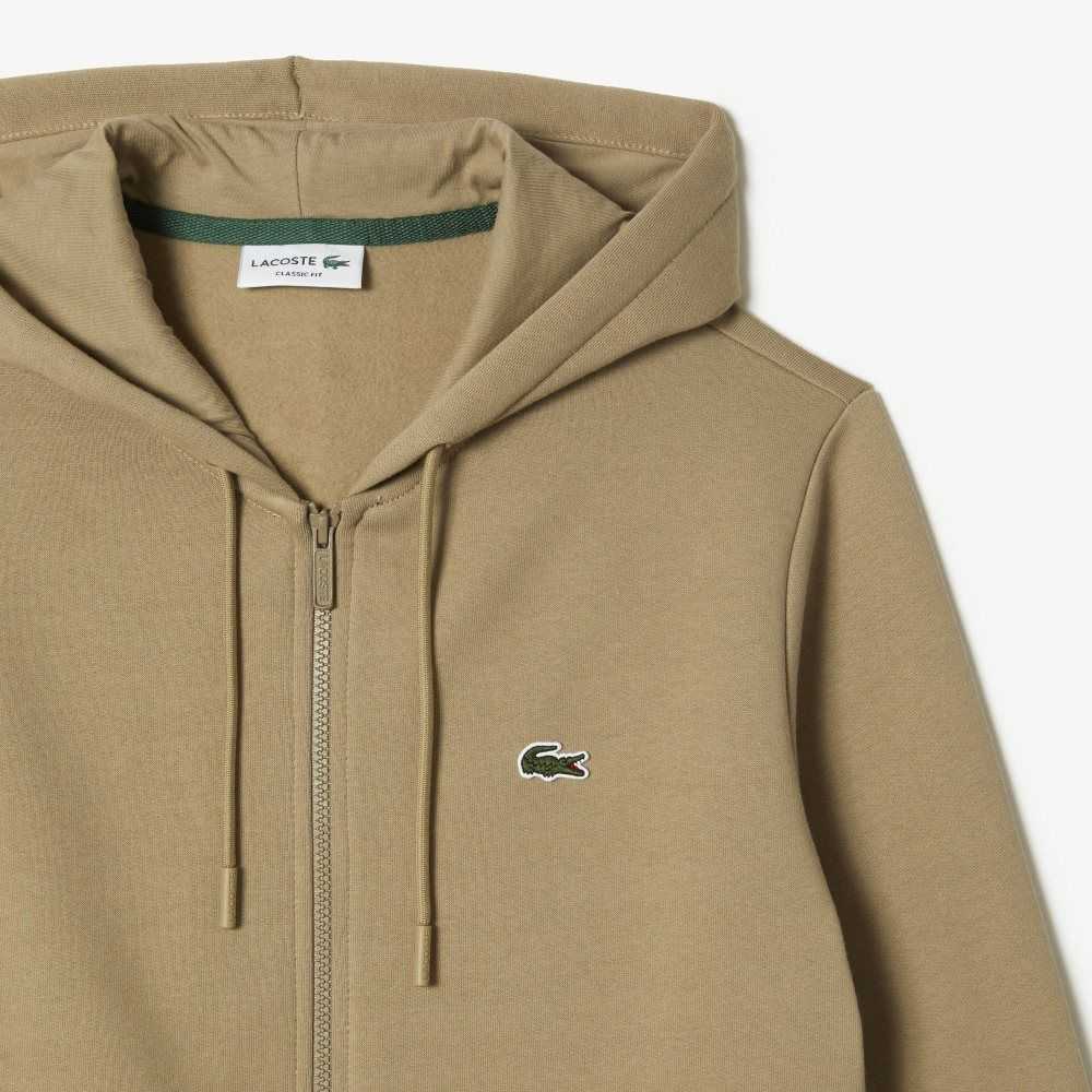 Beige Lacoste Kangaroo Pocket Fleece Zipped Sweatshirt | MLEUSR-680