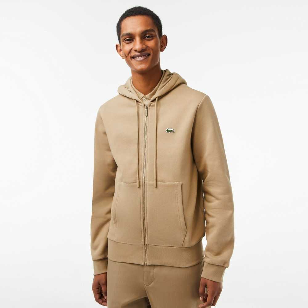 Beige Lacoste Kangaroo Pocket Fleece Zipped Sweatshirt | MLEUSR-680