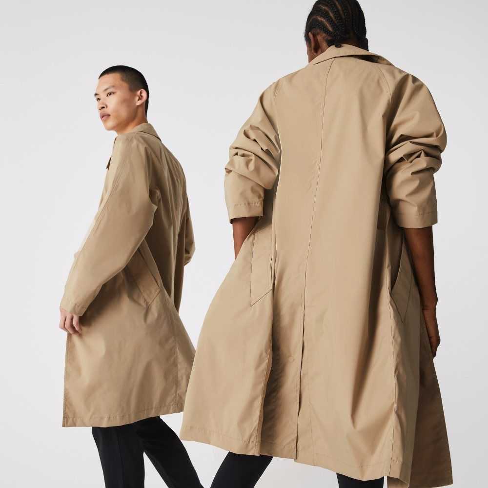 Beige Lacoste Long Light Water-Resistant Buttoned Parka | OKFAHG-064