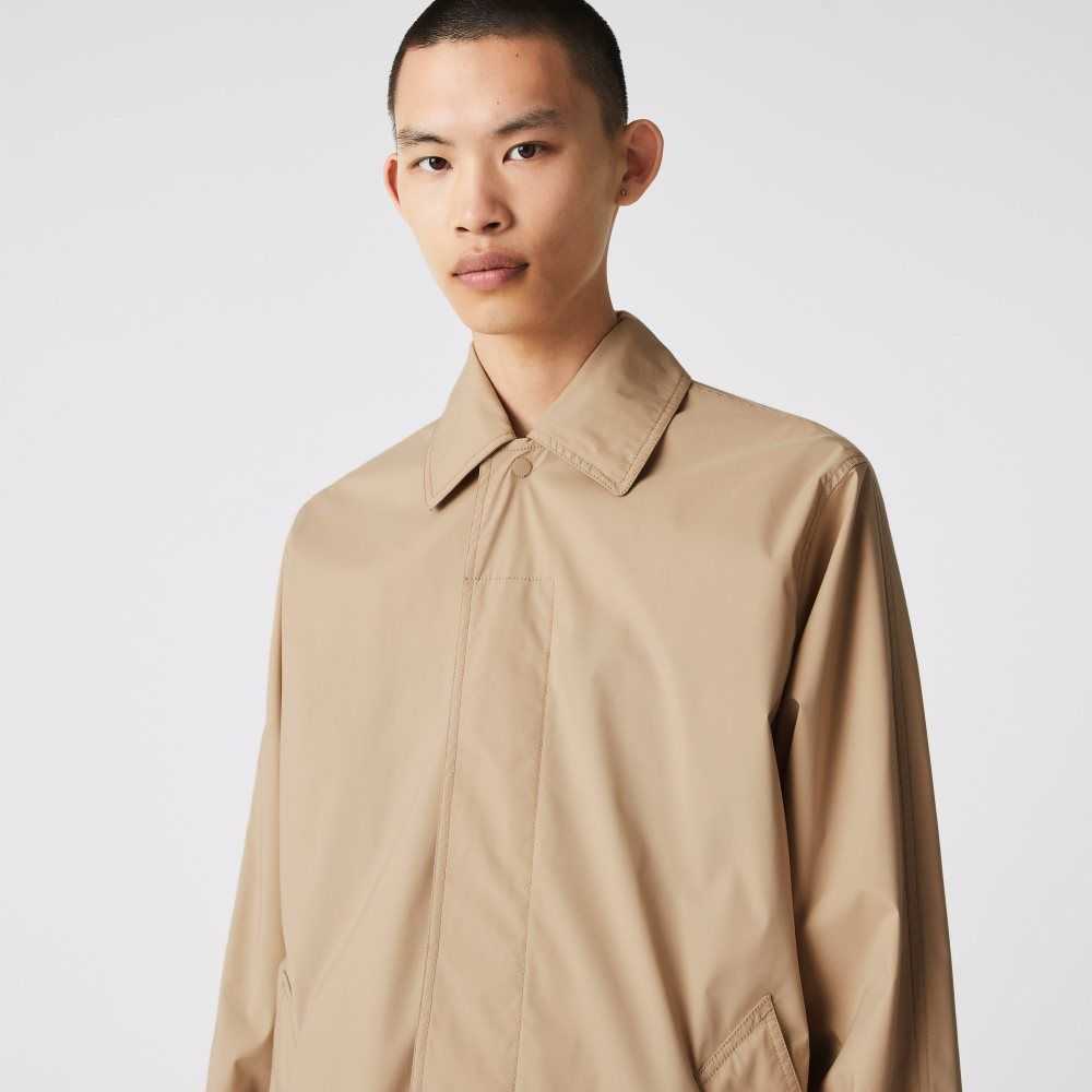 Beige Lacoste Long Light Water-Resistant Buttoned Parka | OKFAHG-064