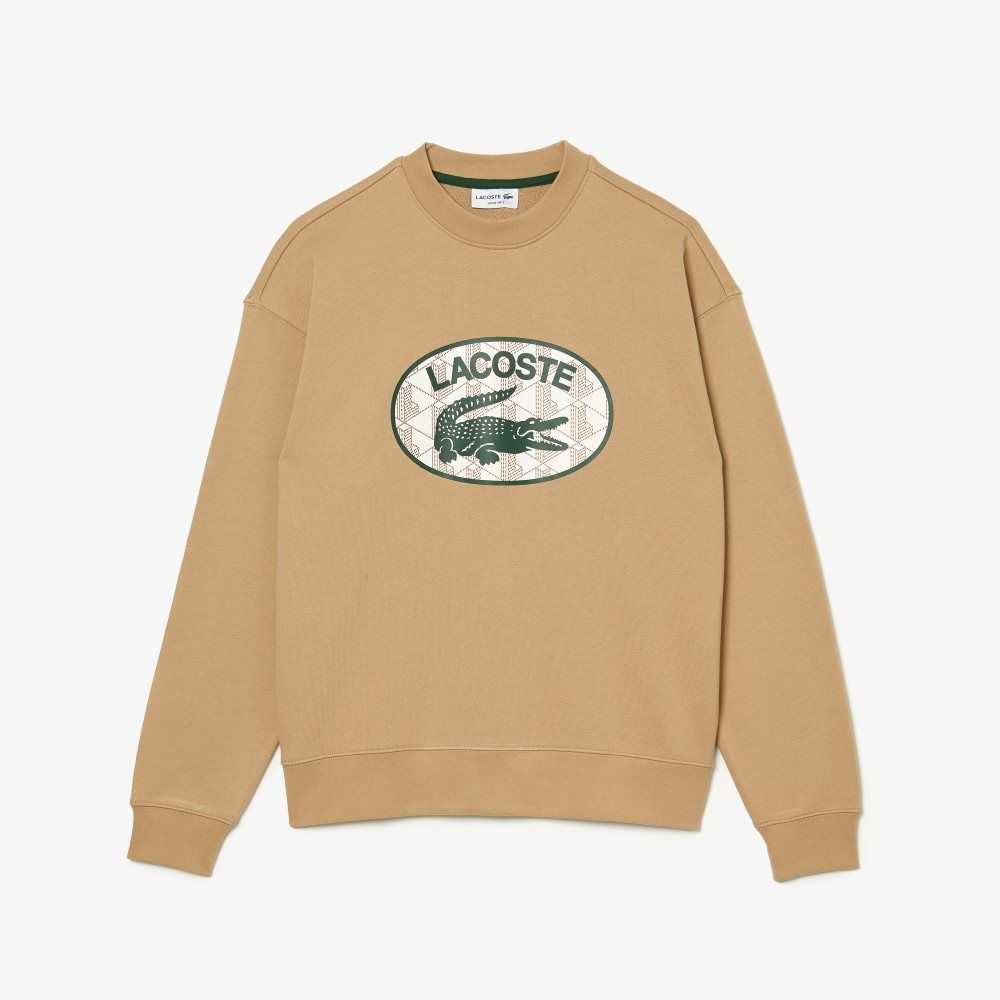 Beige Lacoste Loose Fit Branded Monogram Print Sweatshirt | WUHTEF-390