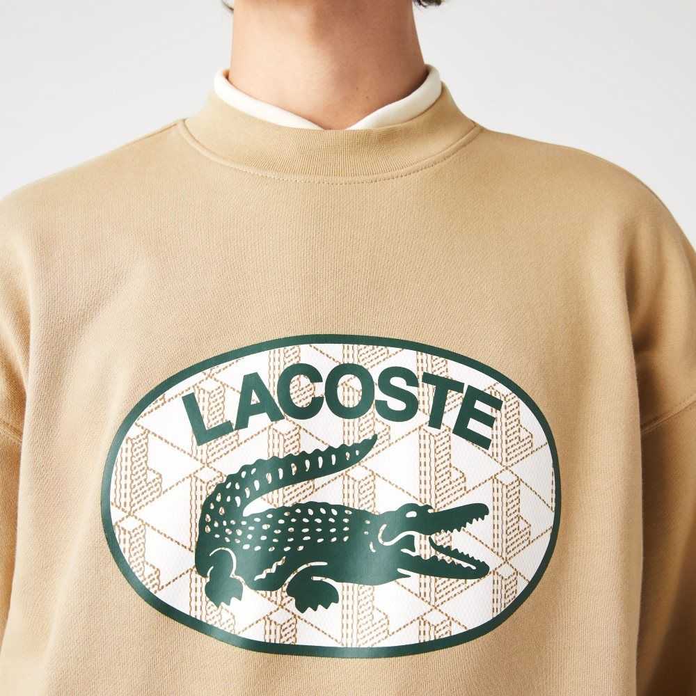 Beige Lacoste Loose Fit Branded Monogram Print Sweatshirt | WUHTEF-390