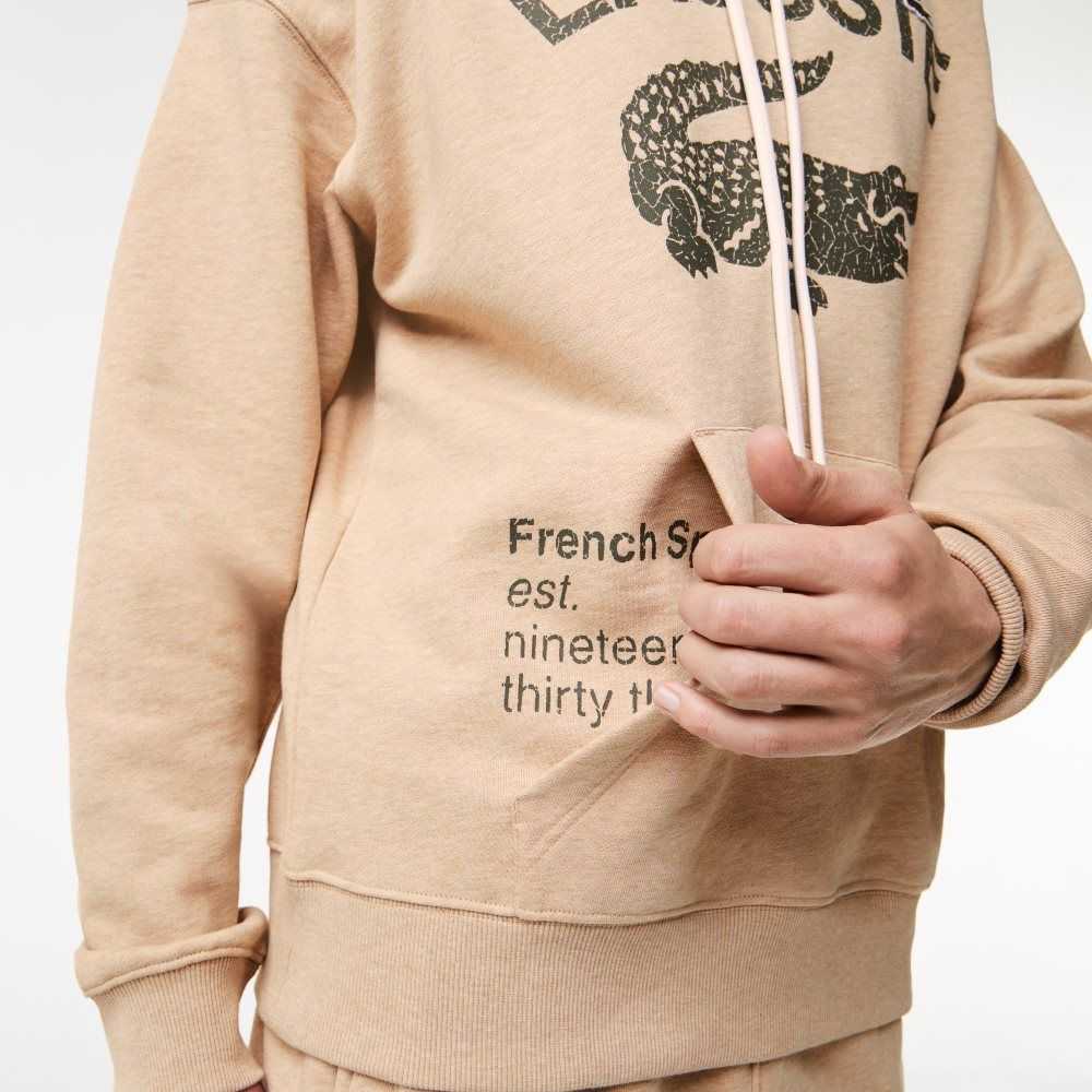 Beige Lacoste Loose Fit Crocodile Hooded Sweatshirt | GUPQXW-703