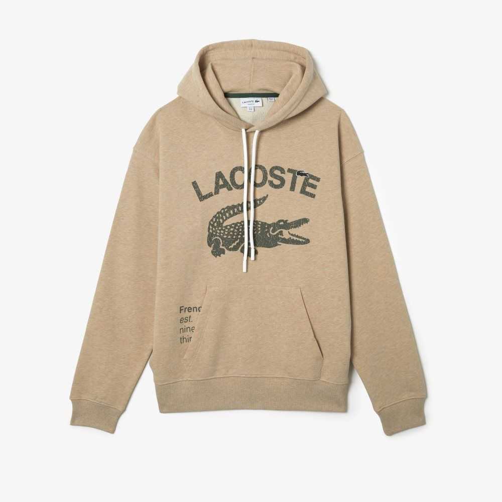 Beige Lacoste Loose Fit Crocodile Hooded Sweatshirt | GUPQXW-703