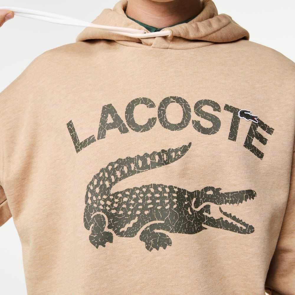 Beige Lacoste Loose Fit Crocodile Hooded Sweatshirt | GUPQXW-703