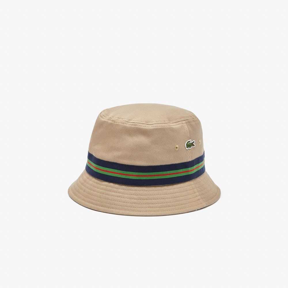 Beige Lacoste Organic Cotton Stripe Band Bucket Hat | EZXVAH-749