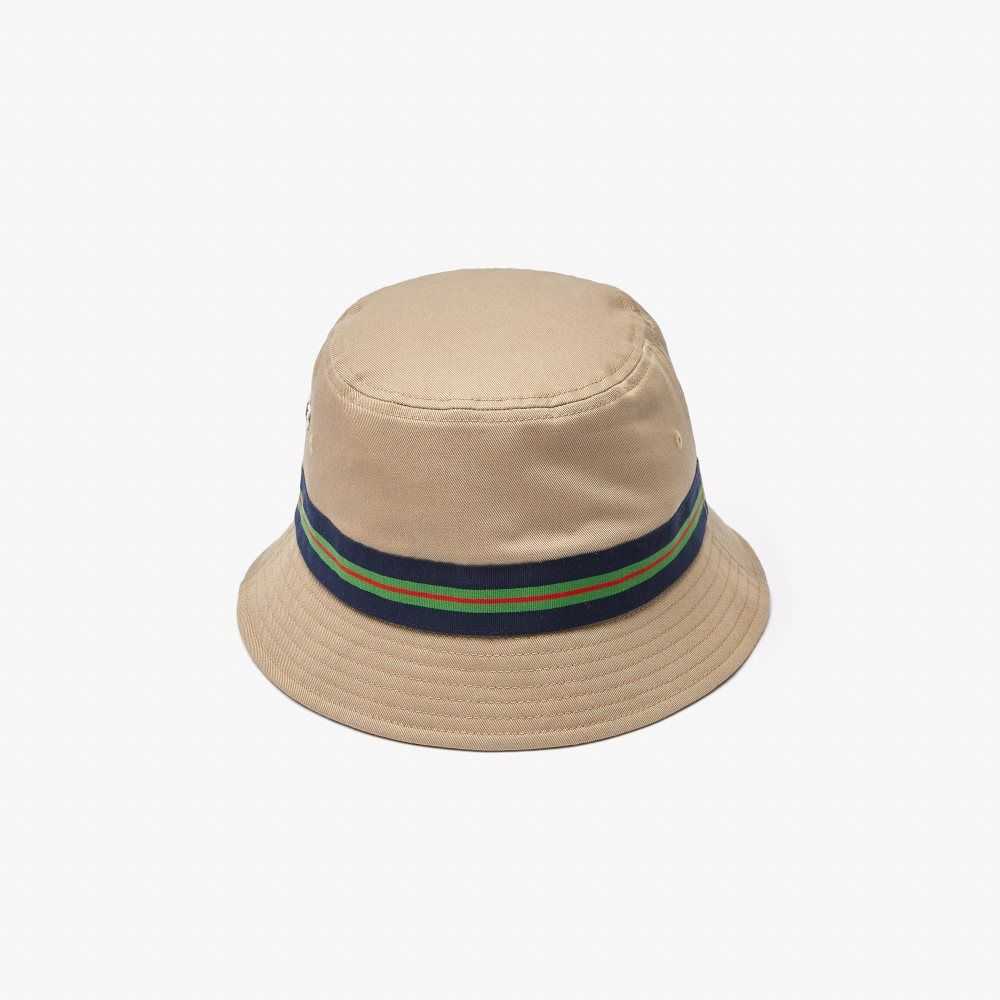 Beige Lacoste Organic Cotton Stripe Band Bucket Hat | EZXVAH-749