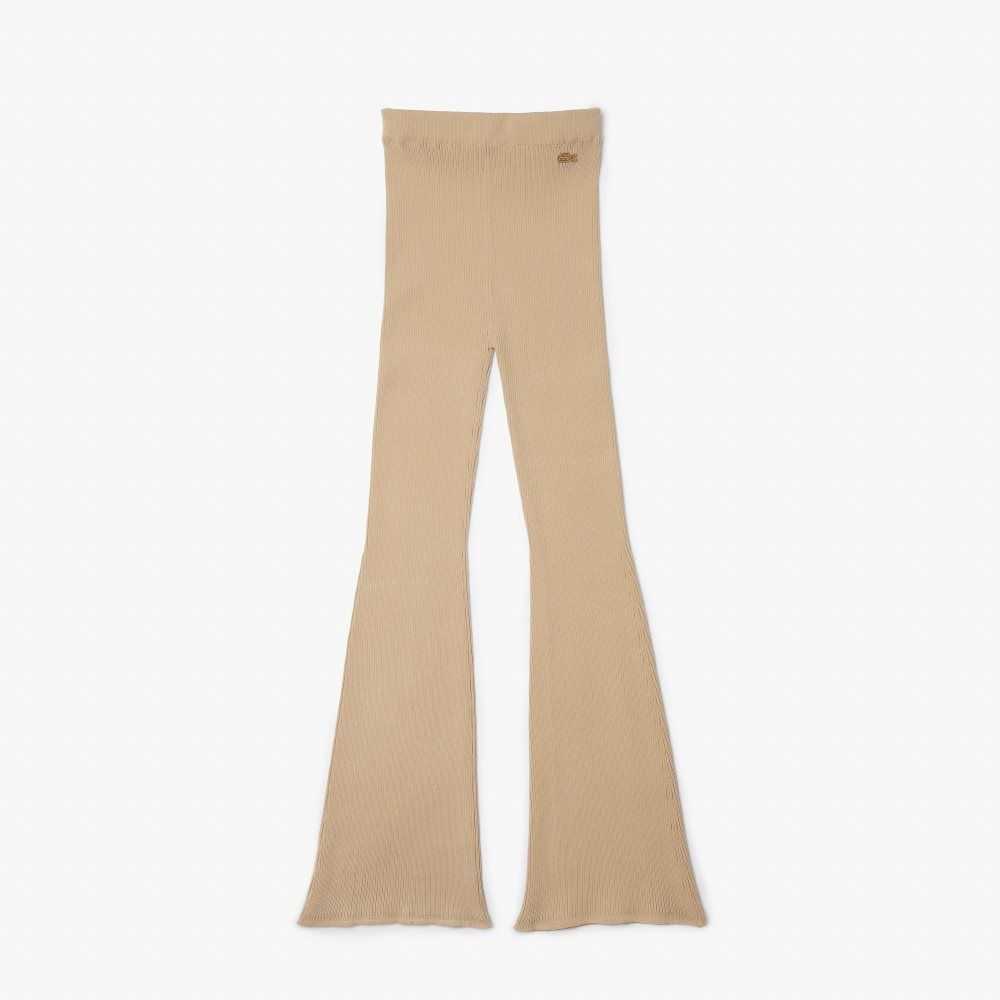 Beige Lacoste Seamless Ribbed Knit Leggings | JLKFNT-184