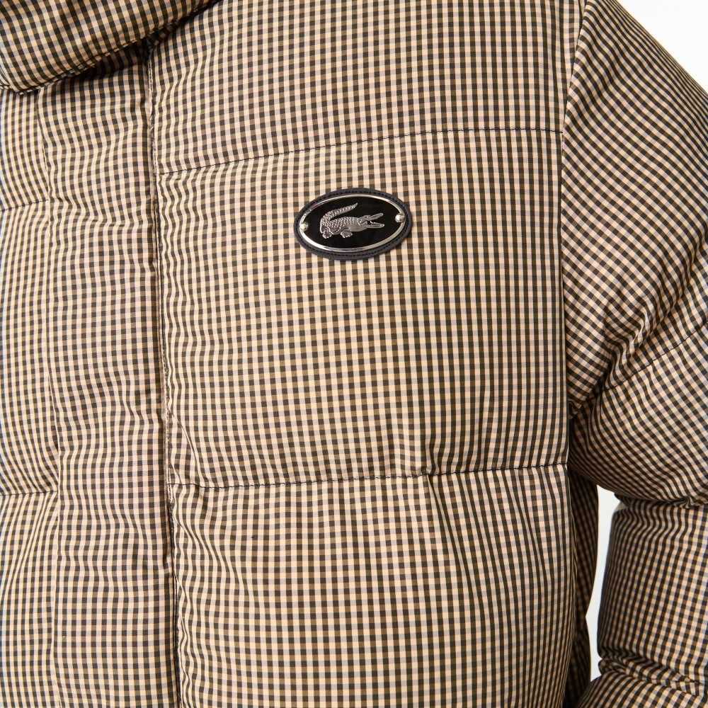 Beige / Navy Blue / White / Khaki Green Lacoste Check Print Water-Repellent Twill Padded Jacket | WMZKDQ-876