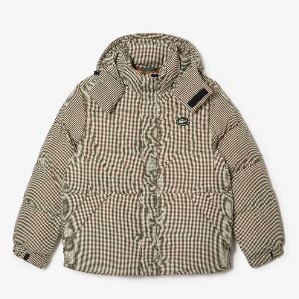 Beige / Navy Blue / White / Khaki Green Lacoste Check Print Water-Repellent Twill Padded Jacket | WMZKDQ-876