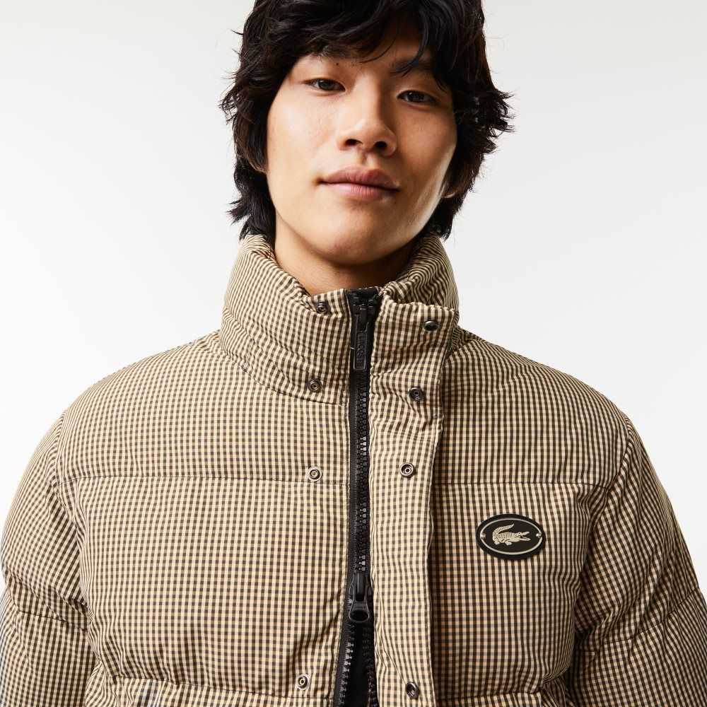 Beige / Navy Blue / White / Khaki Green Lacoste Check Print Water-Repellent Twill Padded Jacket | WMZKDQ-876