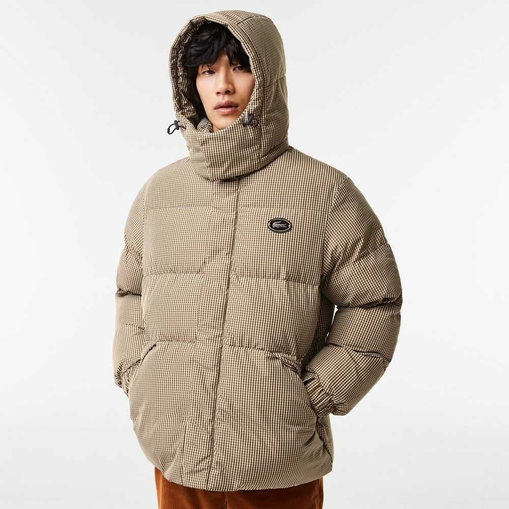 Beige / Navy Blue / White / Khaki Green Lacoste Check Print Water-Repellent Twill Padded Jacket | WMZKDQ-876