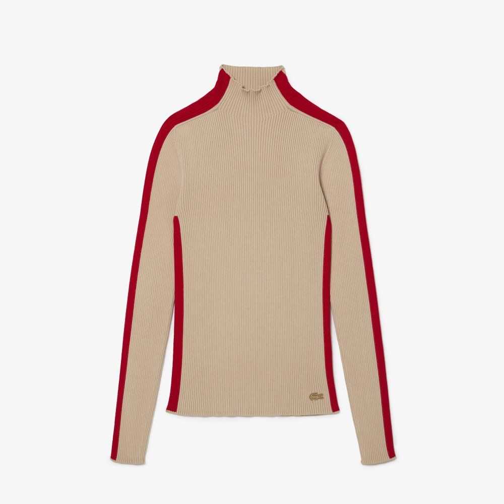 Beige / Red Lacoste Contrast Bands Seamless Sweater | YAMKEJ-042