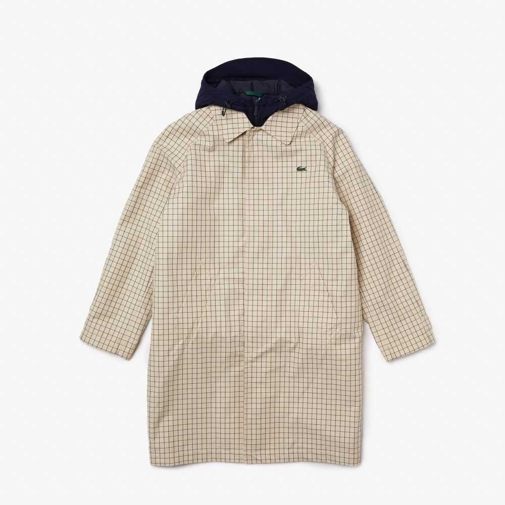 Beige / White Lacoste Heritage 3-in-1 Check Trench | UXQMPK-452