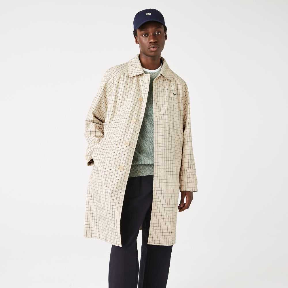 Beige / White Lacoste Heritage 3-in-1 Check Trench | UXQMPK-452