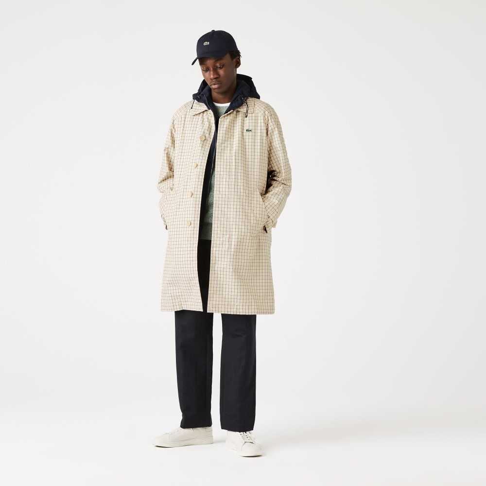 Beige / White Lacoste Heritage 3-in-1 Check Trench | UXQMPK-452