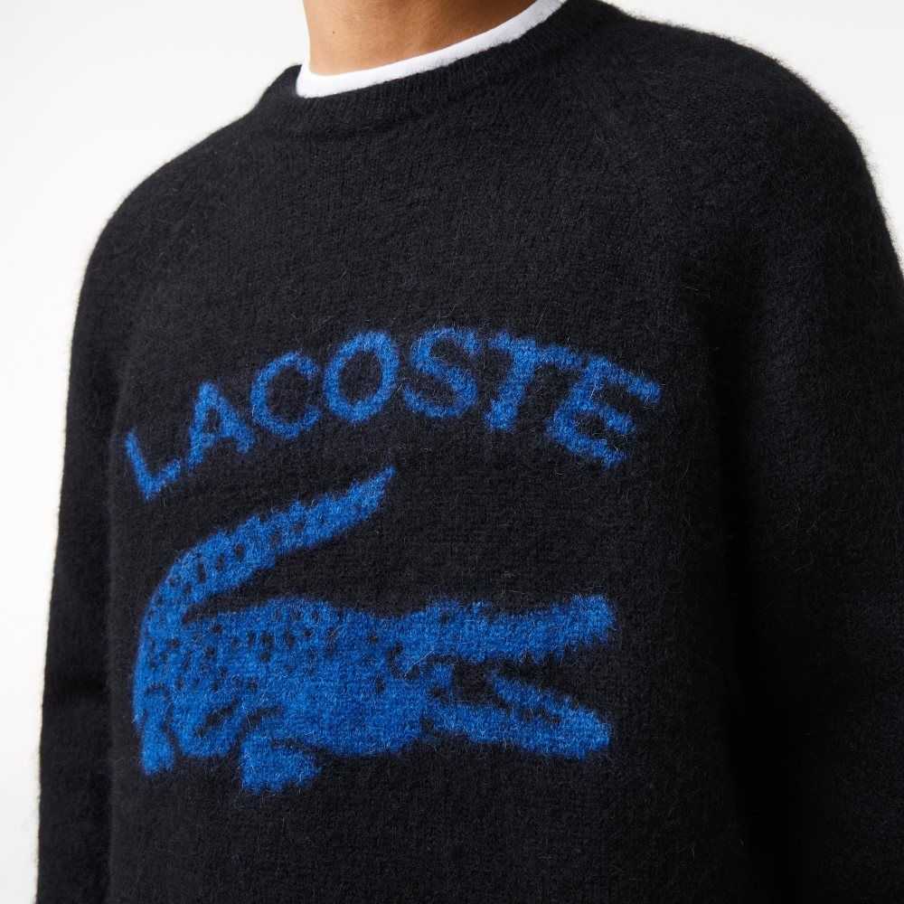 Black / Blue Lacoste Branded Contrast Crocodile Blend Alpaca Sweater | CAZRNV-967