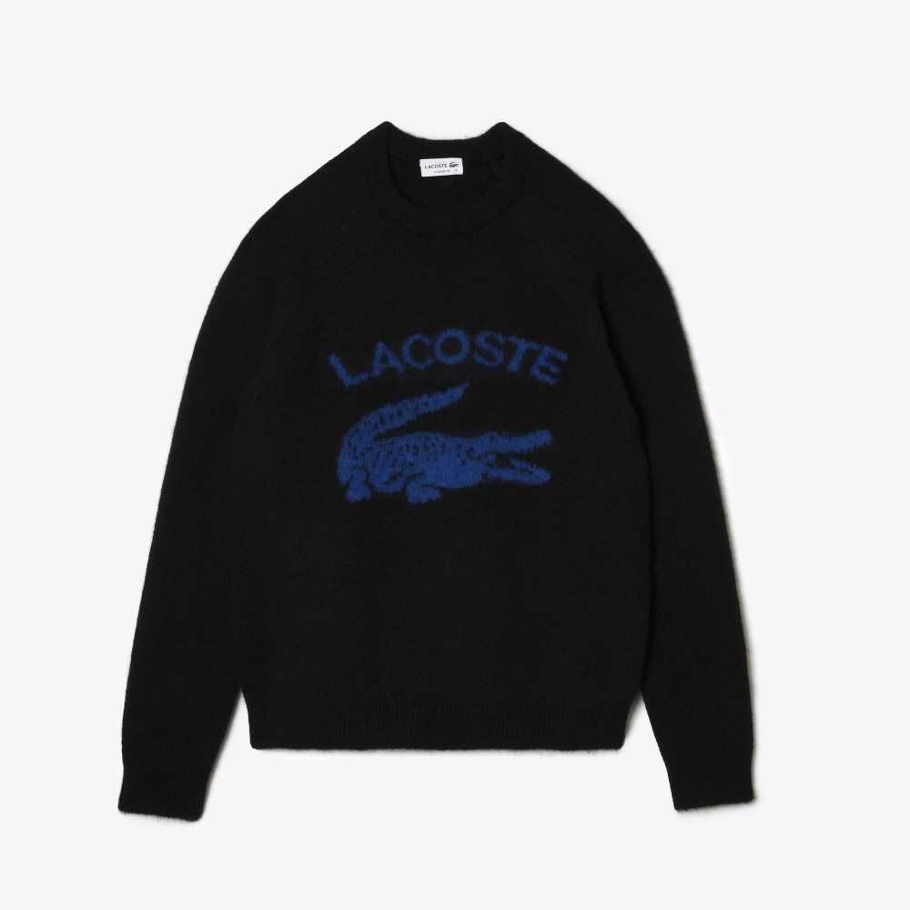 Black / Blue Lacoste Branded Contrast Crocodile Blend Alpaca Sweater | CAZRNV-967