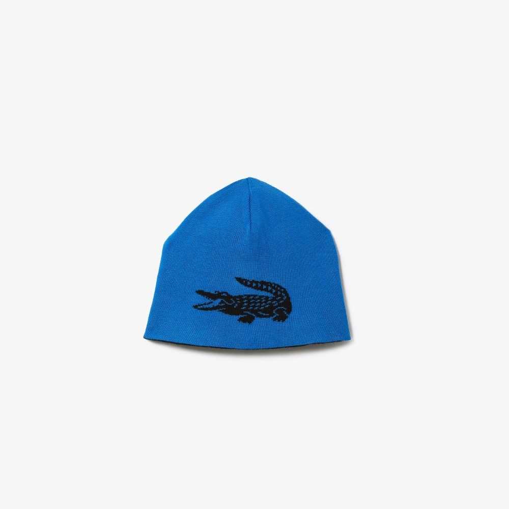 Black / Blue Lacoste Contrast Crocodile Reversible Beanie | LYORVA-960