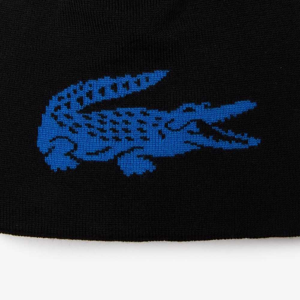 Black / Blue Lacoste Contrast Crocodile Reversible Beanie | LYORVA-960