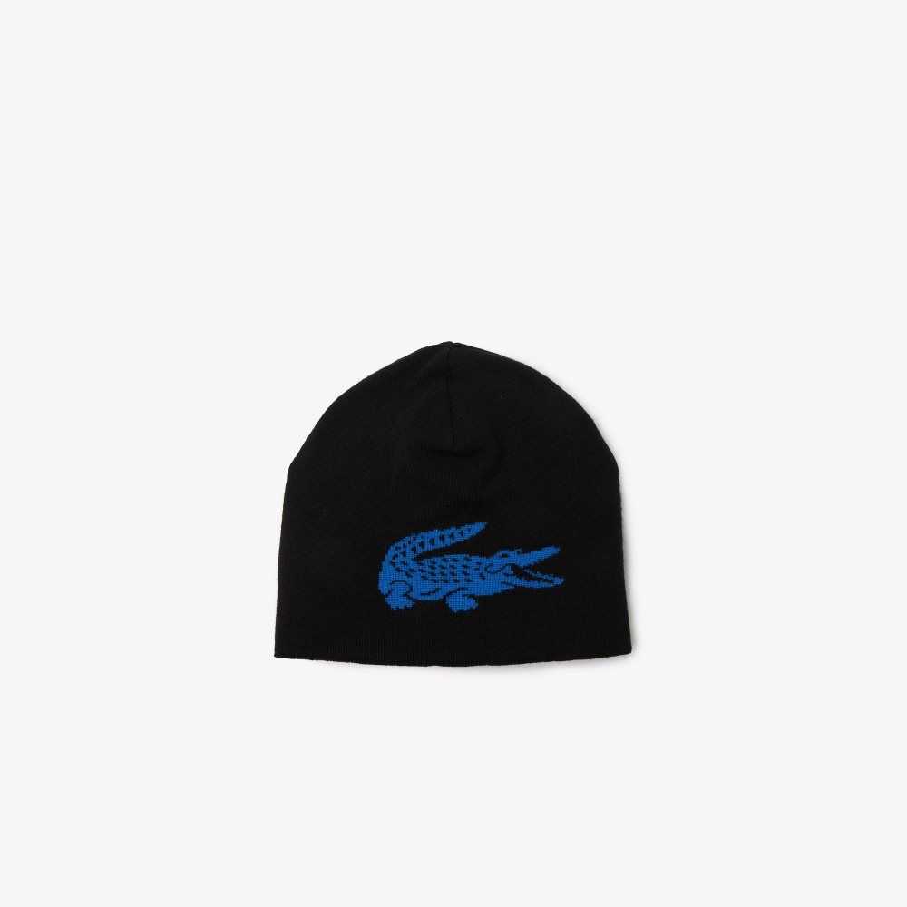 Black / Blue Lacoste Contrast Crocodile Reversible Beanie | LYORVA-960