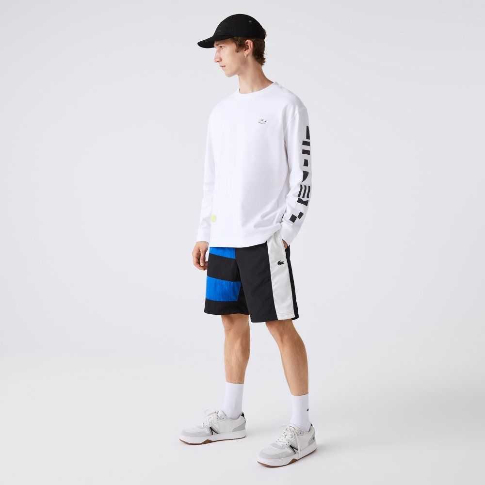 Black / Blue / White Lacoste Colorblock Patchwork Effect Shorts | HPNMCG-042