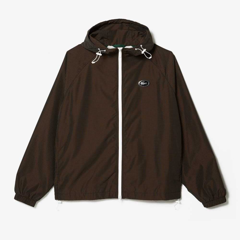 Black / Brown / Navy Blue / Khaki Green Lacoste Hooded Check Twill Jacket | XOBKPN-968