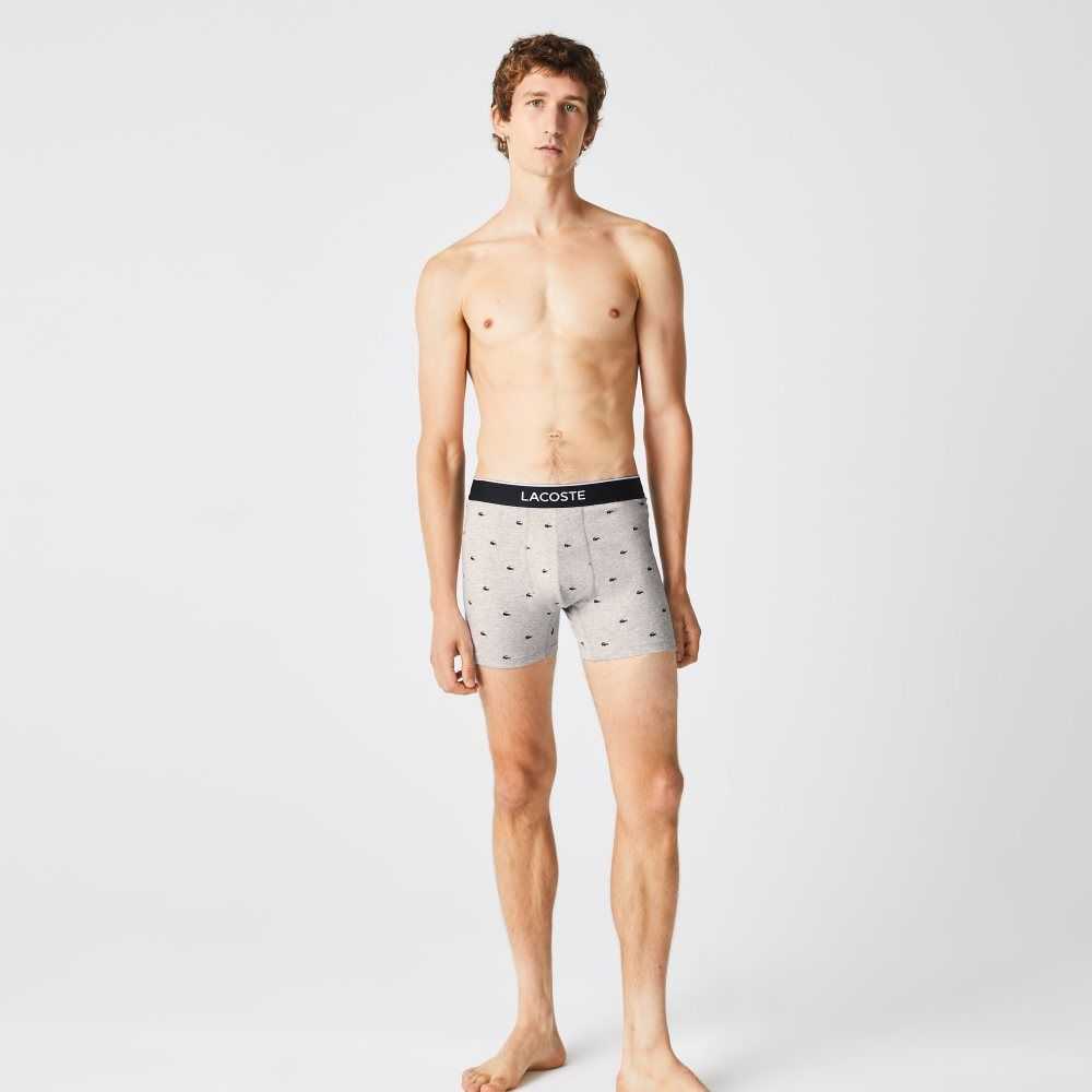 Black / Grey Chine Lacoste Branded Waist Long Stretch Cotton Boxer Brief 3-Pack | ASMBOU-248